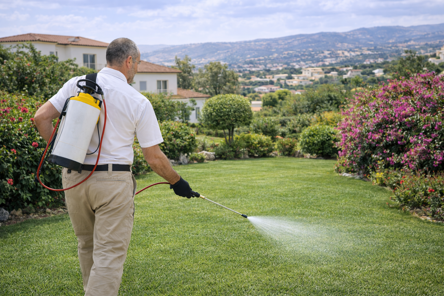 Technician treating outdoor areas for fleas and ticks in Paphos