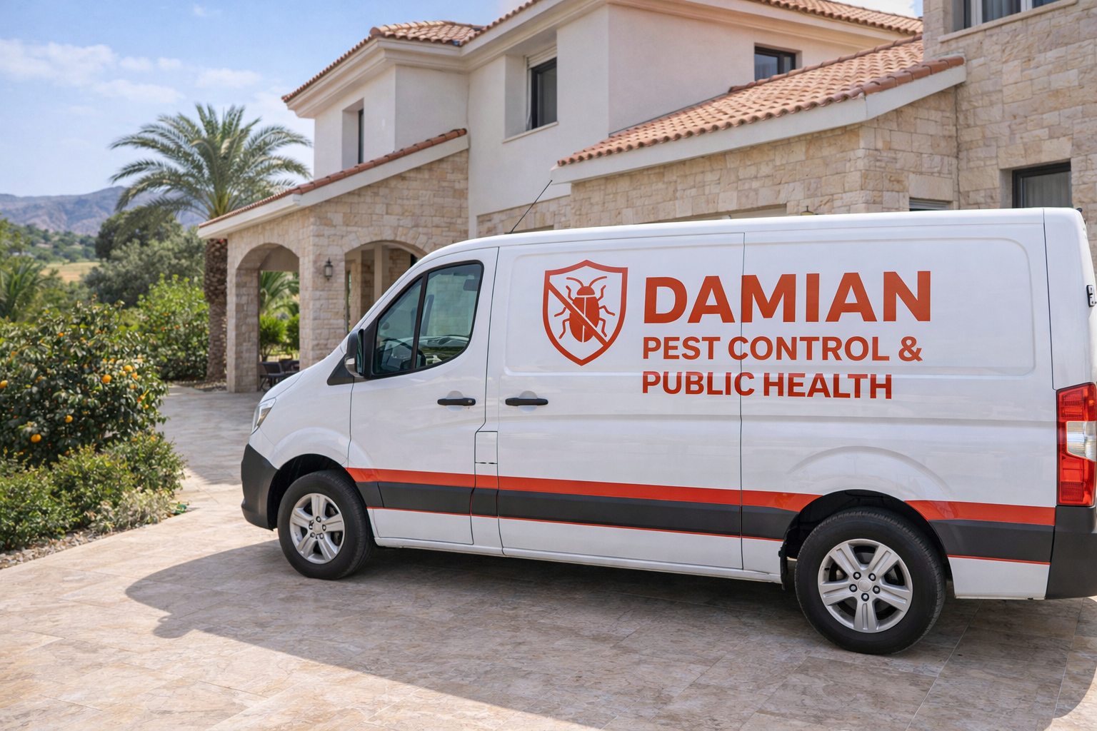 Damian Pest Control van outside Peyia home